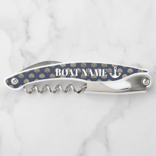 Boat Name Anchor Blue Gold Seashell Nautical Corkscrew