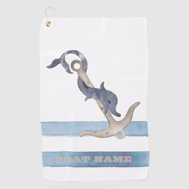  Boat Name,Anchor Dolphin Light Blue Stripes  Golf Towel (Front)
