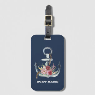 Boat Name,Anchor Flowers Navy Blue Striped Luggage Tag