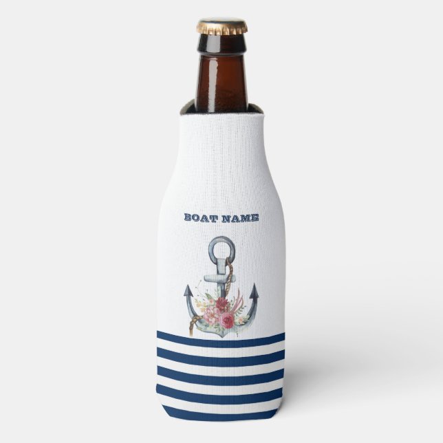  Boat Name,Anchor Flowers Navy Blue Stripes  Bottle Cooler (Bottle Front)