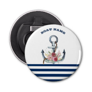  Boat Name,Anchor Flowers Navy Blue Stripes  Bottle Opener