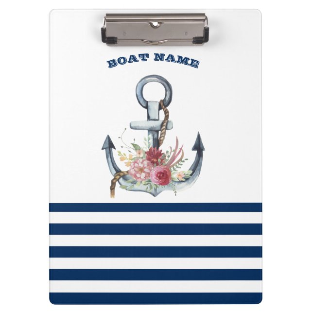  Boat Name,Anchor Flowers Navy Blue Stripes  Clipboard (Front)
