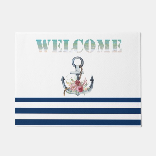  Boat Name,Anchor Flowers Navy Blue Stripes  Doormat (Front)