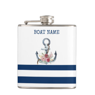  Boat Name,Anchor Flowers Navy Blue Stripes  Hip Flask