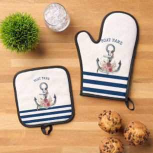 Boat Name,Anchor Flowers Navy Blue Stripes Oven Mitt & Pot Holder Set