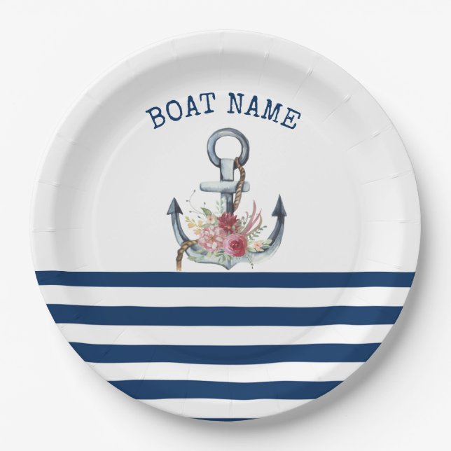  Boat Name,Anchor Flowers Navy Blue Stripes  Paper Plate (Front)