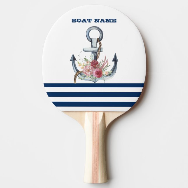  Boat Name,Anchor Flowers Navy Blue Stripes  Ping Pong Paddle (Front)