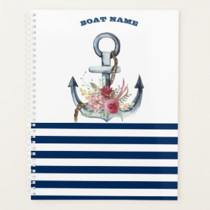  Boat Name,Anchor Flowers Navy Blue Stripes  Planner