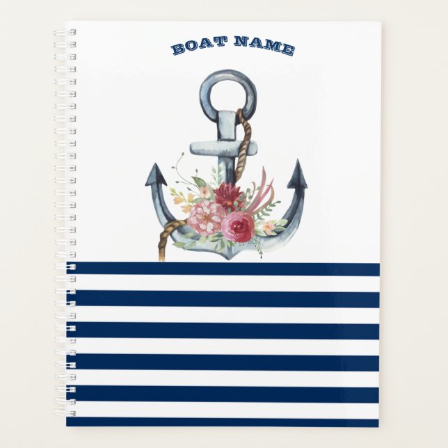  Boat Name,Anchor Flowers Navy Blue Stripes  Planner (Front)