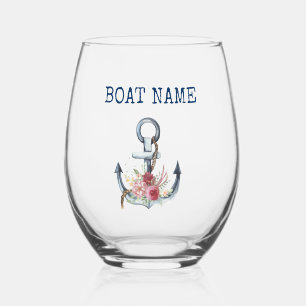  Boat Name,Anchor Flowers  Stemless Wine Glass