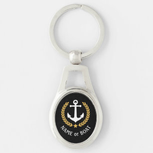 Boat Name Anchor Gold Style Laurel and Star Black Key Ring