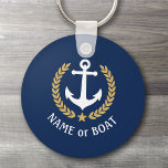 Boat Name Anchor Gold Style Laurel Star Navy Blue Key Ring<br><div class="desc">A Personalised Keychain with your boat name,  family name or other desired text as needed. Featuring a custom designed nautical boat anchor,  gold style laurel leaves and star emblem on navy blue or easily adjust the primary colour to match your current theme. Makes a great any occasion.</div>
