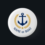 Boat Name Anchor Gold Style Laurel Star Navy White 3 Cm Round Badge<br><div class="desc">A Personalised button with your boat name,  family name or other desired text as needed. Featuring a custom designed nautical boat anchor,  gold style laurel leaves and star emblem on white or easily adjust the primary colour to match your current theme. Makes a great any occasion.</div>