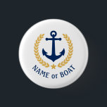 Boat Name Anchor Gold Style Laurel Star Navy White 3 Cm Round Badge<br><div class="desc">A Personalised button with your boat name,  family name or other desired text as needed. Featuring a custom designed nautical boat anchor,  gold style laurel leaves and star emblem on white or easily adjust the primary colour to match your current theme. Makes a great any occasion.</div>