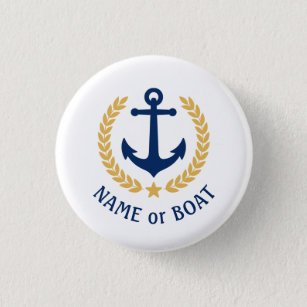Boat Name Anchor Gold Style Laurel Star Navy White 3 Cm Round Badge