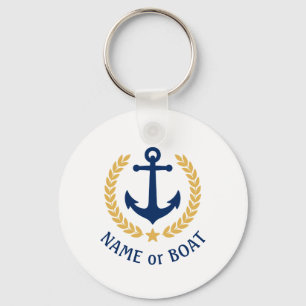 Boat Name Anchor Gold Style Laurel Star Navy White Key Ring