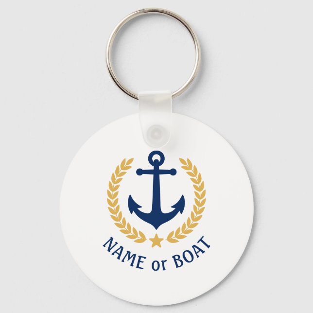 Boat Name Anchor Gold Style Laurel Star Navy White Key Ring (Front)