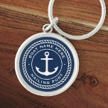 Boat name and hailing port anchor rope border key ring<br><div class="desc">Keyring for your boat featuring a white,  elegant anchor and rope emblem with your custom boat name and hailing port on a dark blue background.</div>