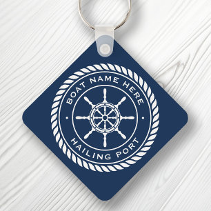 Boat name and hailing port nautical ship's wheel k key ring