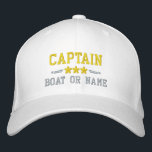 Boat Name Captain Nautical Stars Gold Silver White Embroidered Hat<br><div class="desc">Sail in style with a personalised white with gold and silver embroidered hat featuring your Captain rank or other title,  your Name or Boat Name and stars. Several cap and thread colours to choose from. Makes a great custom gift for Fathers day,  Mothers day or any occasion.</div>