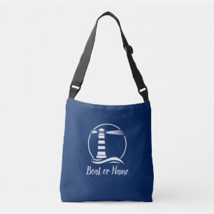 Boat Name Classic Lighthouse Waves Navy Blue Crossbody Bag