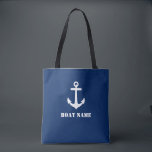 Boat Name Classic Nautical Anchor Navy Blue Tote Bag<br><div class="desc">Stylish navy blue tote bag with your personalised name,  boat name or other desired text. Features a custom designed nautical classic boat anchor. Easily customise the base colour to match your current decor or theme. Great for vacation,  shopping and travelling. The perfect personalised gift for any occasion.</div>