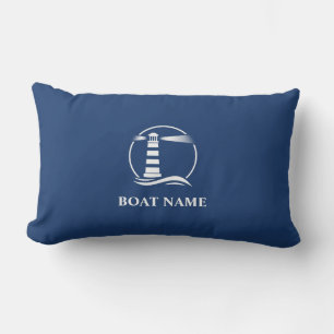 Boat Name Classic Nautical Lighthouse Navy Blue Lumbar Cushion