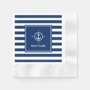 Boat Name Compass Anchor Blue Stripes Cocktail Napkin