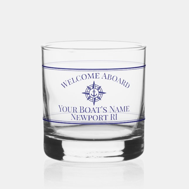 Boat Name Dock Nautical Compass Drinkware Set Whiskey Glass (Left)