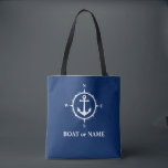 Boat Name Nautical Anchor Compass Navy Blue White Tote Bag<br><div class="desc">Stylish navy blue tote bag with your personalised name,  boat name or other desired text. Features a custom designed nautical anchor and compass. Easily customise the base colour to match your current decor or theme. Great for vacation,  shopping and travelling. The perfect personalised gift for any occasion.</div>