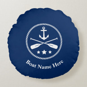 Boat Name Nautical Anchor & Crossed Oars Navy Blue Round Cushion