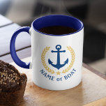Boat Name Nautical Anchor Gold Style Laurel Navy Mug<br><div class="desc">A Personalised two tone coffee Mug with your boat name,  family name or other desired text. Featuring a custom designed nautical boat anchor,  gold style laurel leaves and star emblem. Several accent colours to choose from to match your current decor. Makes a great gift for any occasion.</div>
