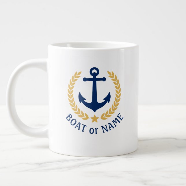 Boat Name Nautical Anchor Gold Style Laurel Star Large Coffee Mug (Left)