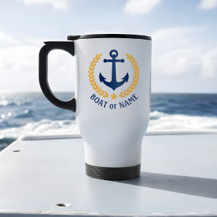 Boat Name Nautical Anchor Gold Style Laurel Star Travel Mug