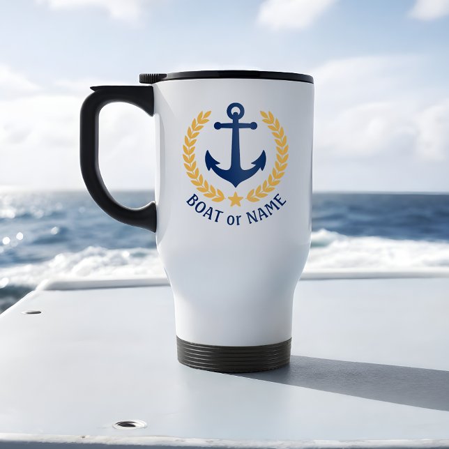 Boat Name Nautical Anchor Gold Style Laurel Star Travel Mug (Creator Uploaded)