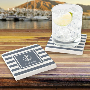 Boat Name Nautical Anchor Navy Blue Stripe Stone Coaster
