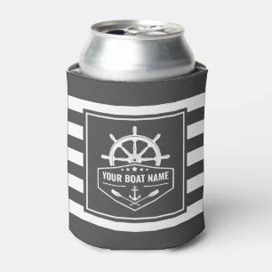 Boat Name Nautical Anchor Oars Helm Gray & White Can Cooler