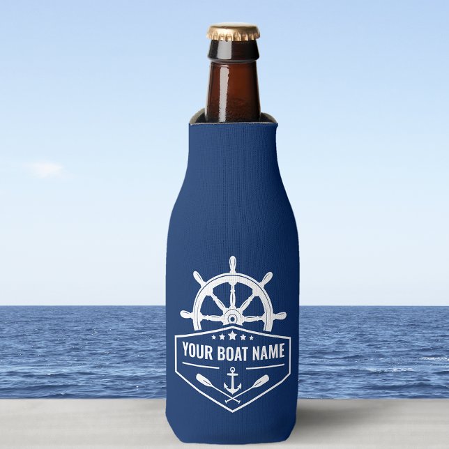 Boat Name Nautical Anchor Oars & Ships Wheel Navy Bottle Cooler (Creator Uploaded)