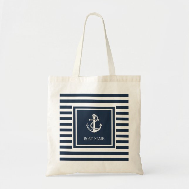 Boat Name Nautical Anchor Rope Navy Blue Striped Tote Bag (Front)