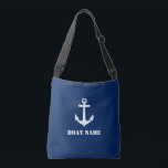 Boat Name Nautical Classic Anchor Navy Blue White Crossbody Bag<br><div class="desc">Stylish navy blue cross-body tote bag with your personalised name,  boat name or other desired text. Features a custom designed nautical classic boat anchor. Easily customise the base colour to match your current decor or theme. Great for vacation,  shopping and travelling. The perfect personalised gift for any occasion.</div>