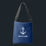 Boat Name Nautical Classic Anchor Navy Blue White Crossbody Bag<br><div class="desc">Stylish navy blue cross-body tote bag with your personalised name,  boat name or other desired text. Features a custom designed nautical classic boat anchor. Easily customise the base colour to match your current decor or theme. Great for vacation,  shopping and travelling. The perfect personalised gift for any occasion.</div>