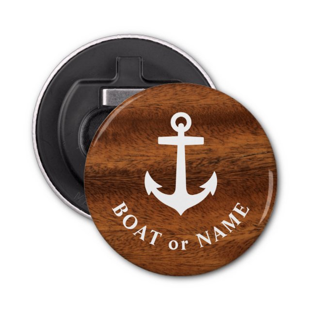 Boat Name Nautical Classic Anchor Wood Style Round Bottle Opener (Front)