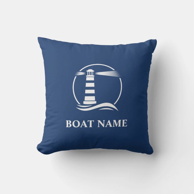 Boat Name Nautical Classic Lighthouse Navy Blue Cushion (Front)