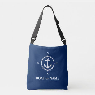 Boat Name Nautical Compass Anchor Navy Blue Crossbody Bag