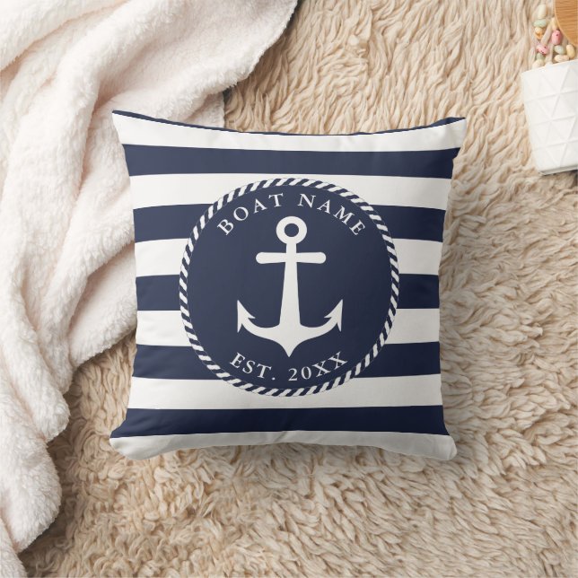 Boat Name Nautical Navy Blue White Anchor Summer Cushion (Blanket)