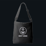 Boat Name Nautical Sea Anchor Black White Crossbody Bag<br><div class="desc">A chic and stylish black cross-body tote bag with your personalised name,  boat name or other desired text. Features a custom designed nautical sea anchor. Easily customise the base colour to match your current decor or theme. Great for vacation,  shopping and travelling. The perfect personalised gift for any occasion.</div>