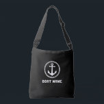 Boat Name Nautical Sea Anchor Black White Crossbody Bag<br><div class="desc">A chic and stylish black cross-body tote bag with your personalised name,  boat name or other desired text. Features a custom designed nautical sea anchor. Easily customise the base colour to match your current decor or theme. Great for vacation,  shopping and travelling. The perfect personalised gift for any occasion.</div>
