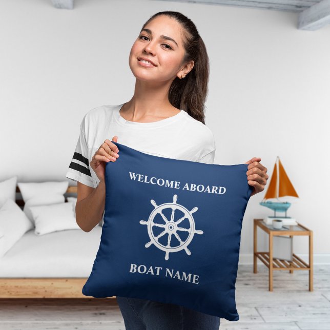 Boat Name Nautical Ships Wheel Helm Navy Blue Cushion (Edit to change the primary color front and back as needed.)