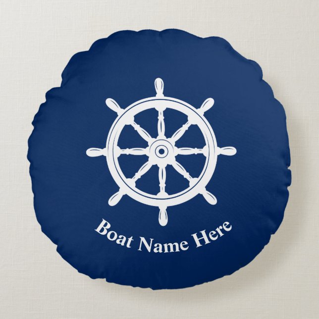 Boat Name Nautical Ships Wheel Helm Navy Blue Round Cushion (Front)
