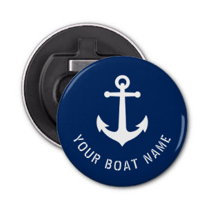 Boat Name Nautical Vintage Anchor Navy Blue White Bottle Opener